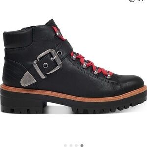 Indigo Rd. Ibis Chunky Black Combat Boots Red Laces Buckle Lug Sole Size 10 NWOT